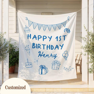 Custom Birthday Banner, Kids Birthday Party Decor Sign, Personalized Birthday Wall Hanging For Boys Bday, Doodle Wall Tapestry For Him