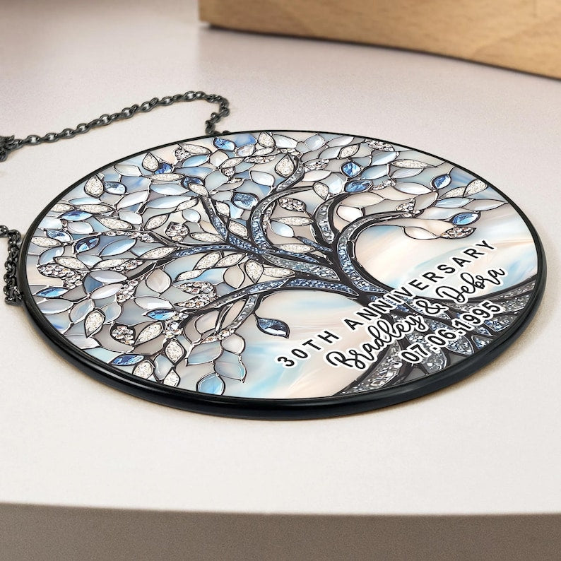 Custom 30th Wedding Anniversary Stained Glass Suncatcher, Tree of Life 30th Anniversary Gift, Wedding Anniversary Keepsake, Tree Glass Art