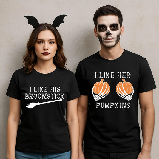 I Like His Broomstick I Like Her Pumpkins Shirt, Couple Matching Halloween Shirt,Funny Matching Halloween T-Shirt,Couple Halloween Party Tee