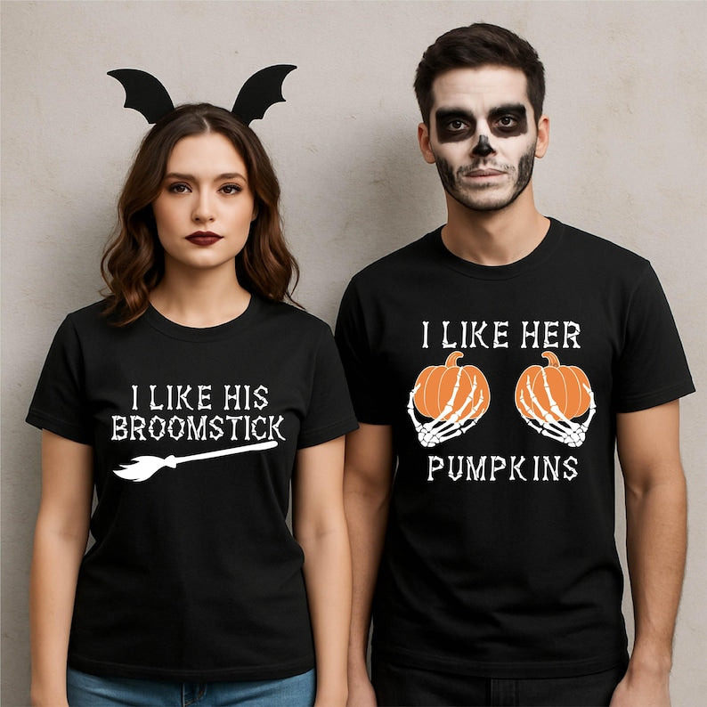 I Like His Broomstick I Like Her Pumpkins Shirt, Couple Matching Halloween Shirt,Funny Matching Halloween T-Shirt,Couple Halloween Party Tee