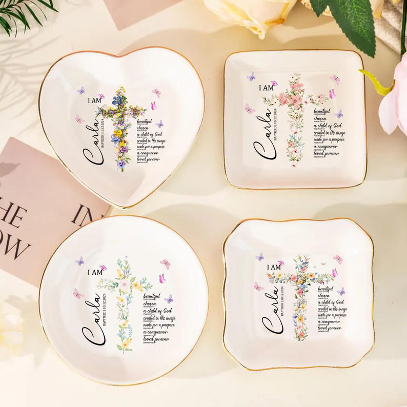 Custom Baptism Jewelry Dish, Baptism Ring Dish with Name & Date, Personalized Gift for Girl, Christian Keepsake Gift, Nursery Decor,Keepsake