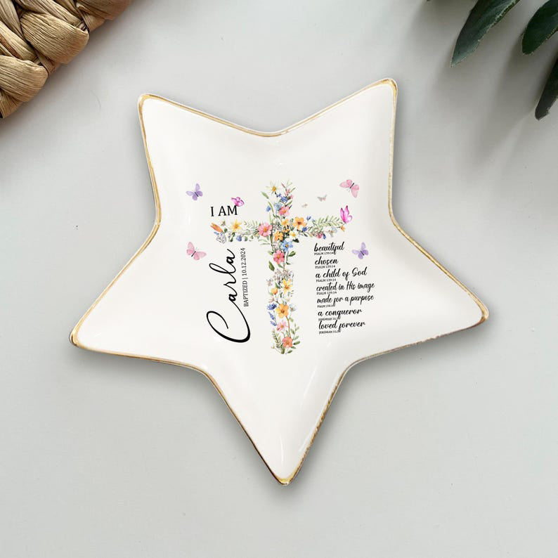 Custom Baptism Jewelry Dish, Baptism Ring Dish with Name & Date, Personalized Gift for Girl, Christian Keepsake Gift, Nursery Decor,Keepsake