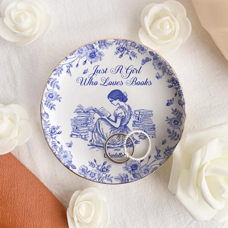 Personalized Jewelry Dish, A Girl Who Loves Books Chinoiserie Toile De Jouy, Jewelry Dish Gift for Friend, Bestie, Book Lovers Gift