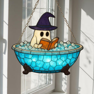 Cute Ghost Reading Book Bathroom Acrylic Suncatcher Ghost In Bathtub Window Haning Halloween Spooky Season Bathroom Decor Boo Love Book Gift