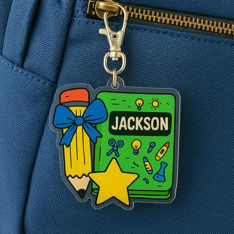 Personalized School Bag Tag Pencil Keychain Customized Backpack Name Tag for Kids Teacher Gift Back to School Supplies Cute Acrylic Charm