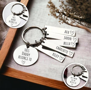 Fathers Day Gift Present Dad Daddy Mummy Belongs To Family Keyring Set - Nanny, Mum, Mom Car Drive Personalised Name Tags