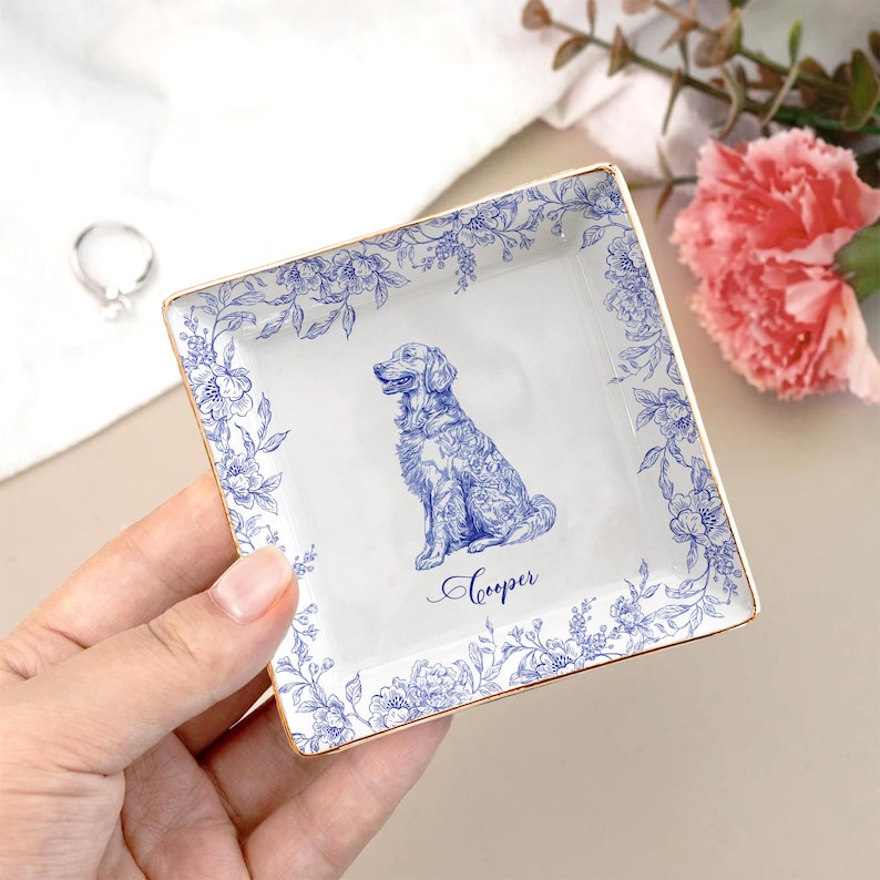 Dog Lover Gift Dog Breeds Chinoiserie Toile De Jouy Style, Personalized Jewelry Dish Gift for Pet Lover, Dog Dad Dog Mom Trinket Dish