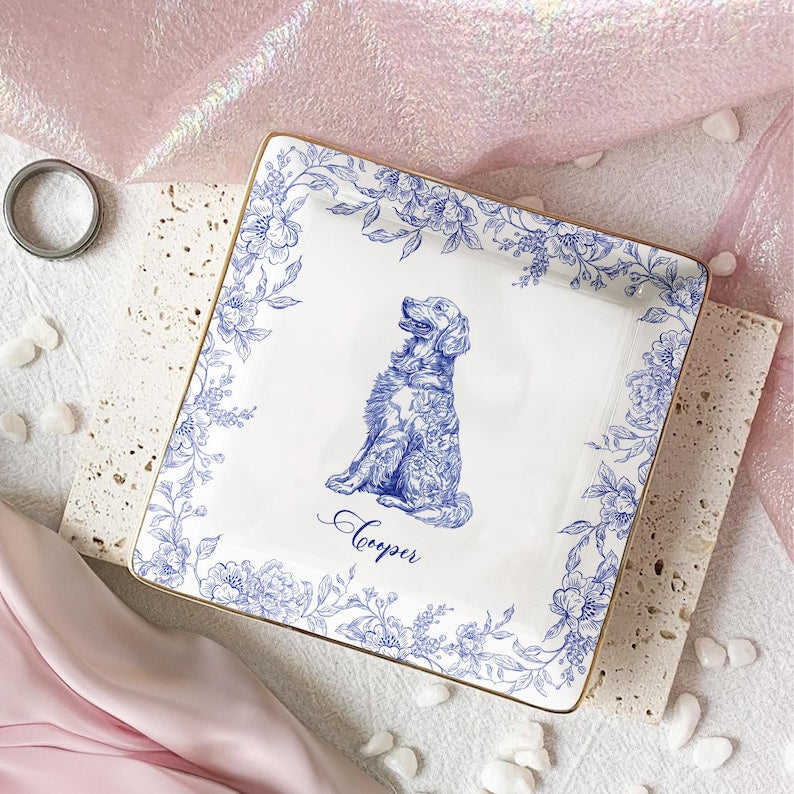 Dog Lover Gift Dog Breeds Chinoiserie Toile De Jouy Style, Personalized Jewelry Dish Gift for Pet Lover, Dog Dad Dog Mom Trinket Dish