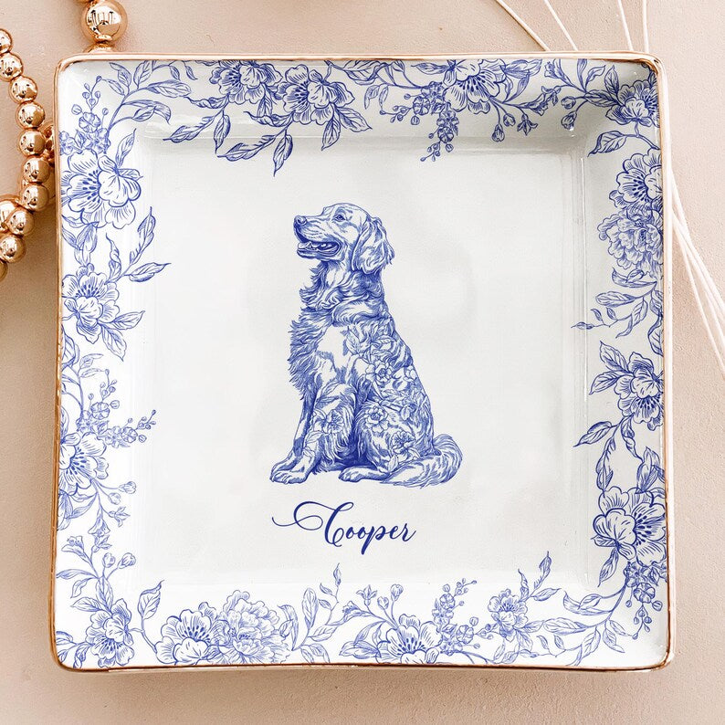 Dog Lover Gift Dog Breeds Chinoiserie Toile De Jouy Style, Personalized Jewelry Dish Gift for Pet Lover, Dog Dad Dog Mom Trinket Dish