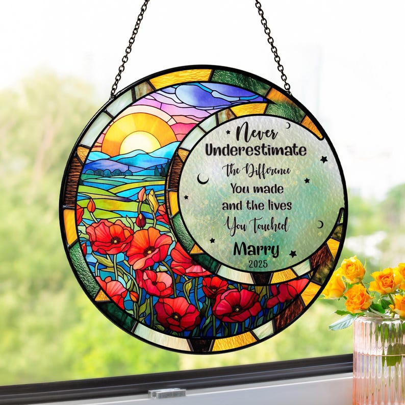 Personalized Retirement Stained Glass Suncatcher, Floral Window Hanging Gift, Custom Retirement Keepsake for Coworker or Friend