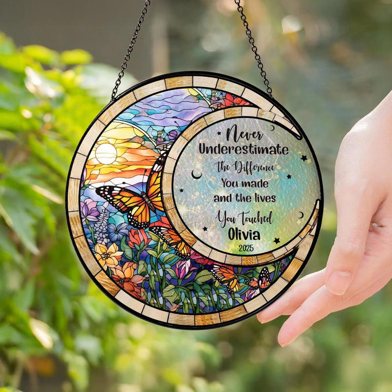 Personalized Retirement Stained Glass Suncatcher, Floral Window Hanging Gift, Custom Retirement Keepsake for Coworker or Friend