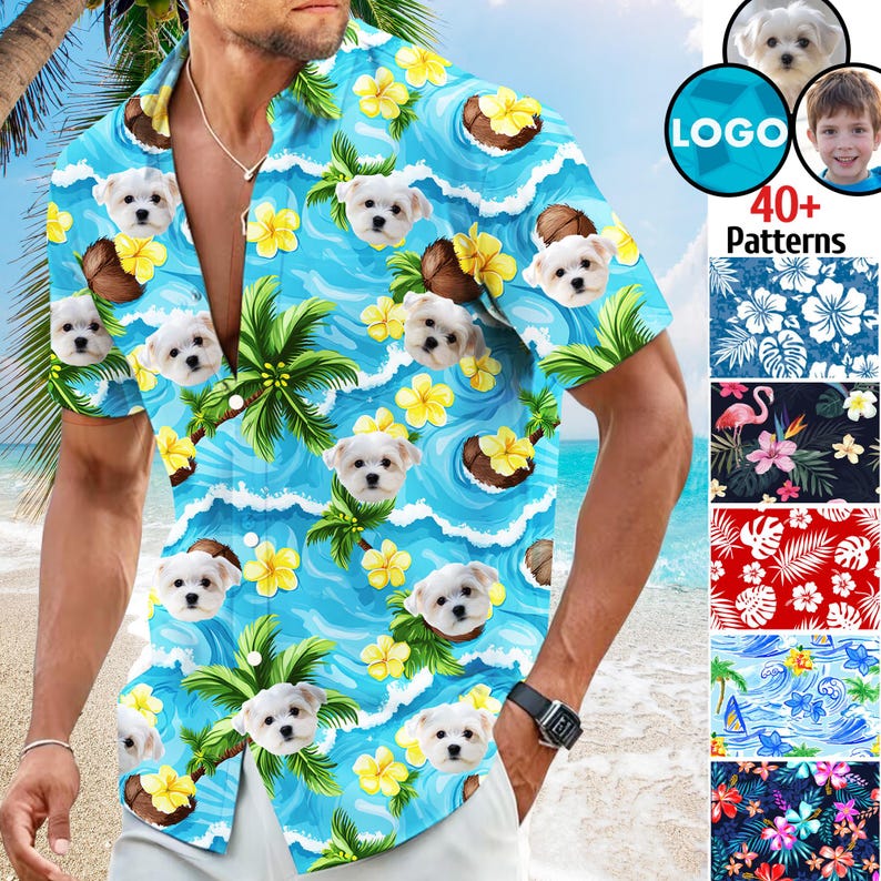 Custom Dog Cat Face Hawaii Shirt, Custom Photo Hawaiian Shirt, Custom Pet Portrait Aloha Shirt, Matching Owner and Pet shirts, Gift for Dad