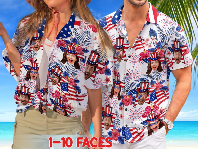Custom Hawaiian Shirt With Face, Customized Funny 4th Of July Mens and Womens Shirts, Personalized American Flag Shirt, Custom USA Shirt