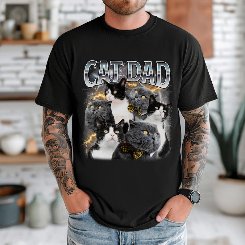 Custom Cat Dad Shirt - Personalized Photo Gift for Cat Lover, Cat Dad, or Pet Parent - Customizable Bootleg Pet Photo Tee