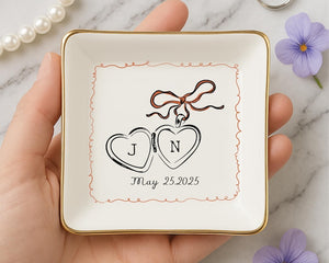 Personalized Heart Locket Ring Dish, Custom Initials & Date Ceramic Jewelry Tray,Wedding Gifts For Couples, Engagement Gift,Sentimental Gift