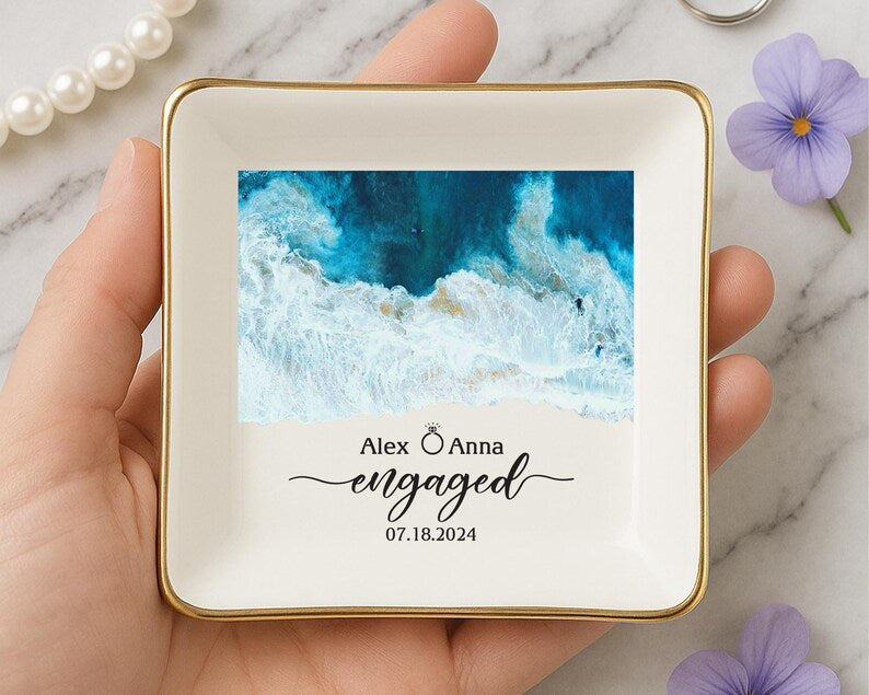 Beach Engaged Ring Dish, Custom Engagement Gifts For Couple, Beach Engagement Keepsake, Wedding Gift, Gift For Bride and Groom, Ring Holder