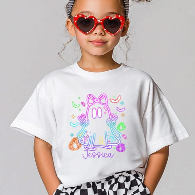 Custom Kids Halloween Neon Shirt,Cute Ghost T-Shirt,Neon Halloween Ghost Shirt,Girls Halloween Tee,Halloween Toddler Tee,Boys Halloween Tee