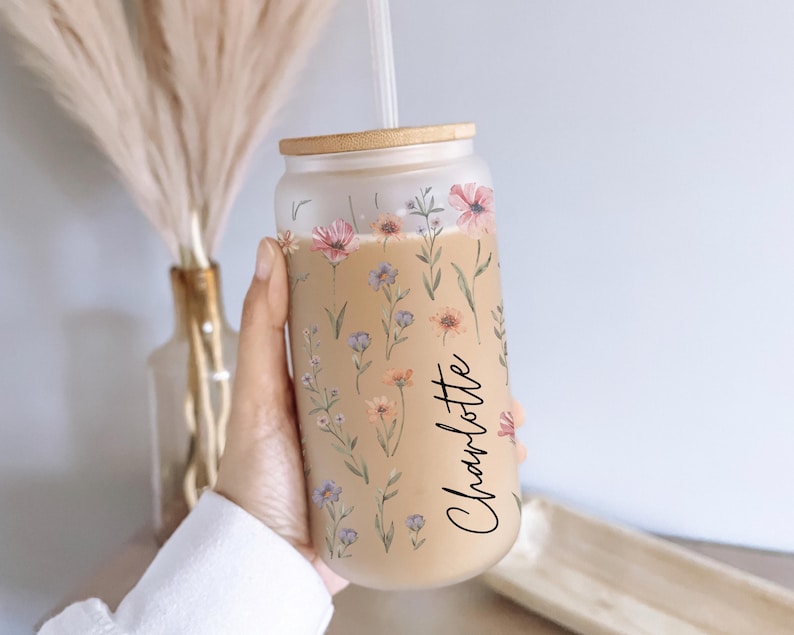 Personalized Wildflower Floral Tumbler, Custom Glass Coffee Cup, Bridesmaid Proposal Gift, Gifts for Her, Mother's Day Gift, Graduation Gift