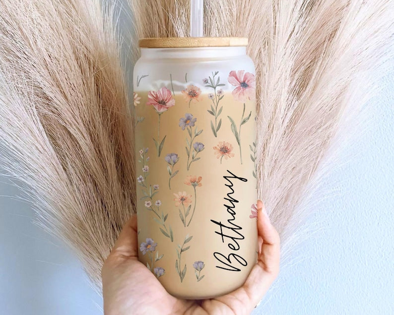 Personalized Wildflower Floral Tumbler, Custom Glass Coffee Cup, Bridesmaid Proposal Gift, Gifts for Her, Mother's Day Gift, Graduation Gift