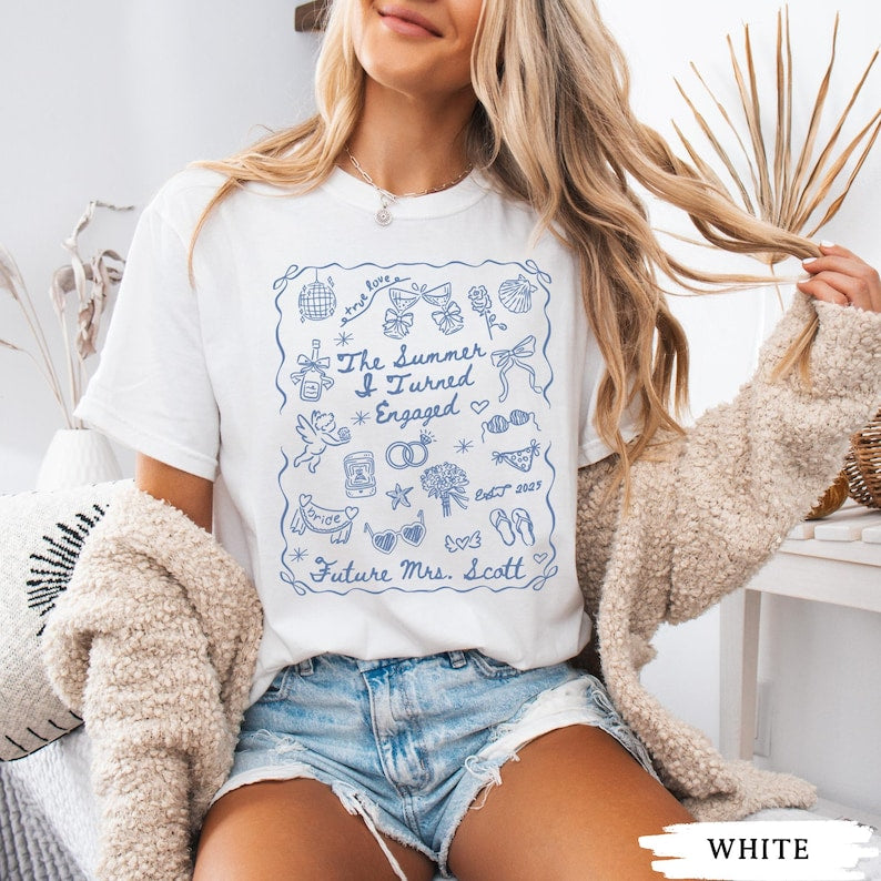 Custom Summer I Turned Engaged Shirt, Comfort Color Future Mrs Shirt, Coastal Beach Bride Tee, Something Blue Engagement Bridal Shower Gift