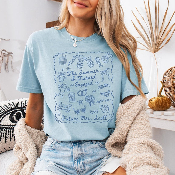Custom Summer I Turned Engaged Shirt, Comfort Color Future Mrs Shirt, Coastal Beach Bride Tee, Something Blue Engagement Bridal Shower Gift