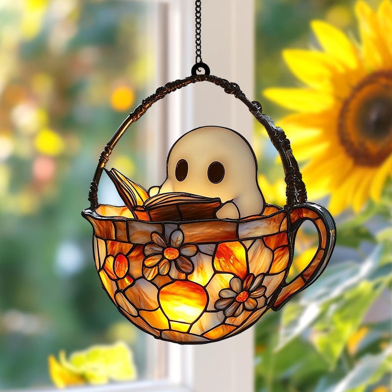 Reading Ghost in Teacup Faux Acrylic Suncatcher, Acrylic Halloween Window Hanging for Spooky Bathrooms and Book Lovers, Reader Gift