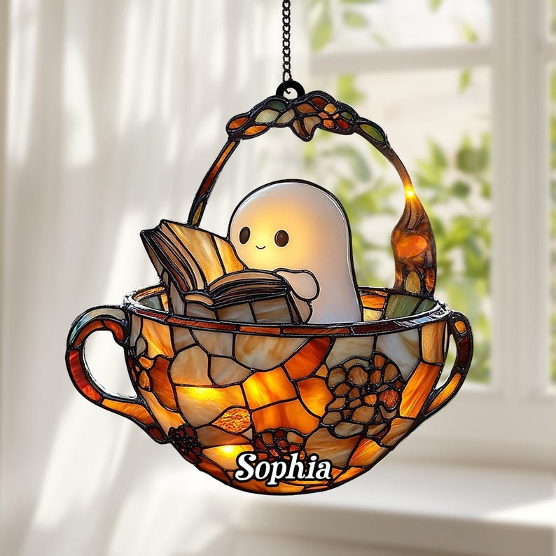 Reading Ghost in Teacup Faux Stained Glass Suncatcher, Acrylic Halloween Window Hanging for Spooky Bathrooms and Book Lovers, Reader Gift