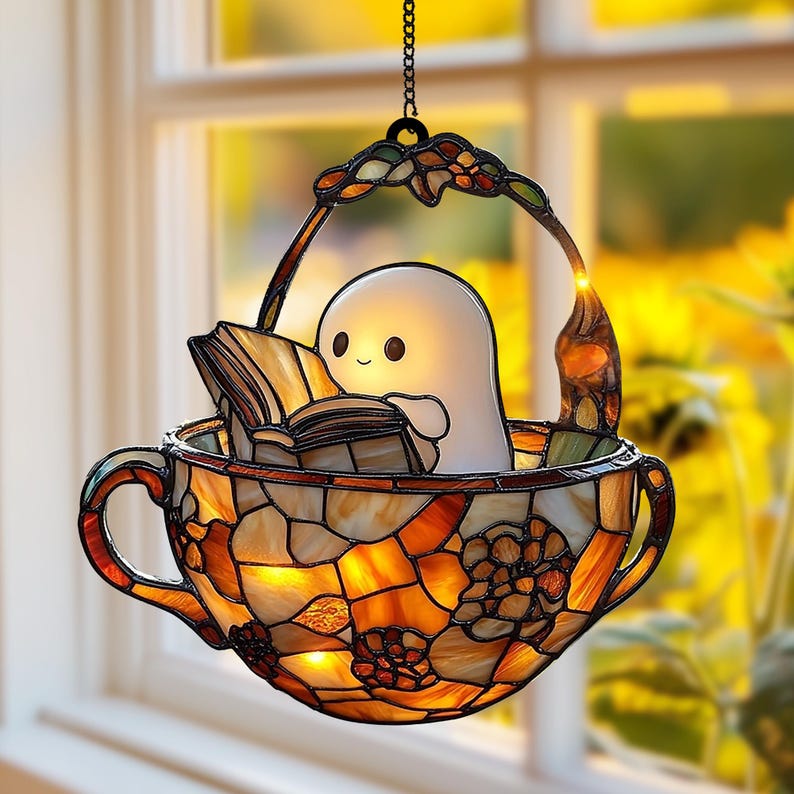Reading Ghost in Teacup Faux Acrylic Suncatcher, Acrylic Halloween Window Hanging for Spooky Bathrooms and Book Lovers, Reader Gift