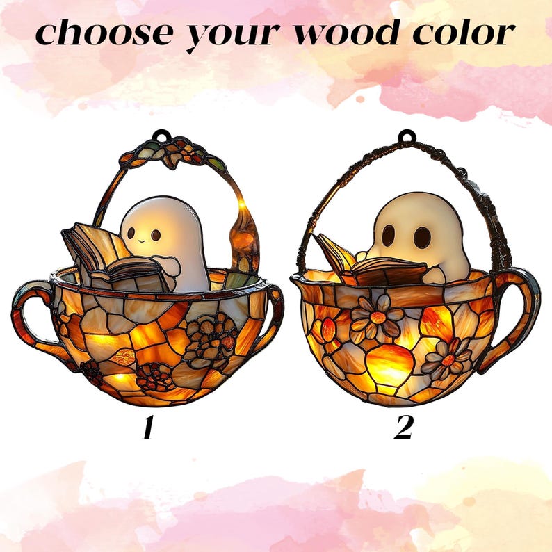 Reading Ghost in Teacup Faux Acrylic Suncatcher, Acrylic Halloween Window Hanging for Spooky Bathrooms and Book Lovers, Reader Gift