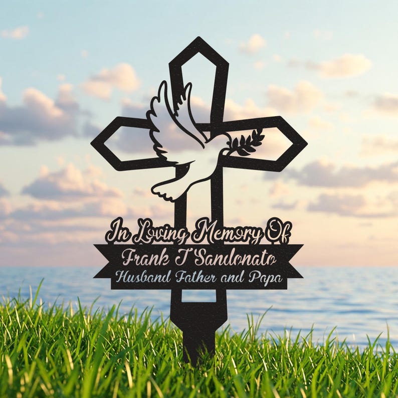 Custom Memorial Garden Stakes, Dove Heart Memorial Stake, Cross Stake Dad Memorial Plaque Gift, In Loving Memory Metal Cross, Grave Marker