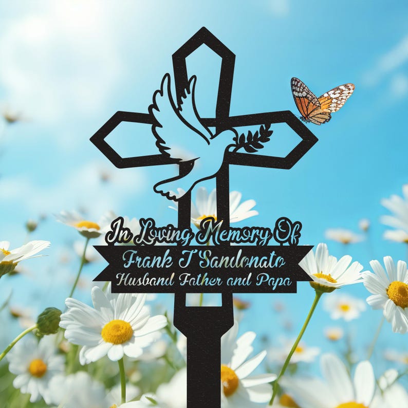 Custom Memorial Garden Stakes, Dove Heart Memorial Stake, Cross Stake Dad Memorial Plaque Gift, In Loving Memory Metal Cross, Grave Marker