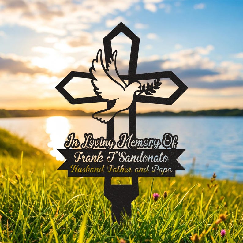 Custom Memorial Garden Stakes, Dove Heart Memorial Stake, Cross Stake Dad Memorial Plaque Gift, In Loving Memory Metal Cross, Grave Marker