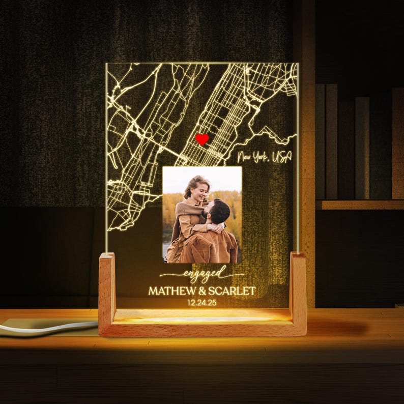 Personalized Map Print Night Light,Custom Led Light with Couple Photo and Map,Engagement Frame Table Lamp,Newly Engaged Gift,Gift for Couple