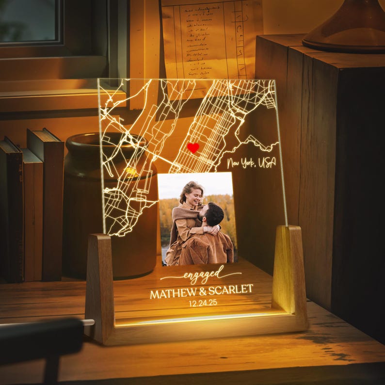 Personalized Map Print Night Light,Custom Led Light with Couple Photo and Map,Engagement Frame Table Lamp,Newly Engaged Gift,Gift for Couple