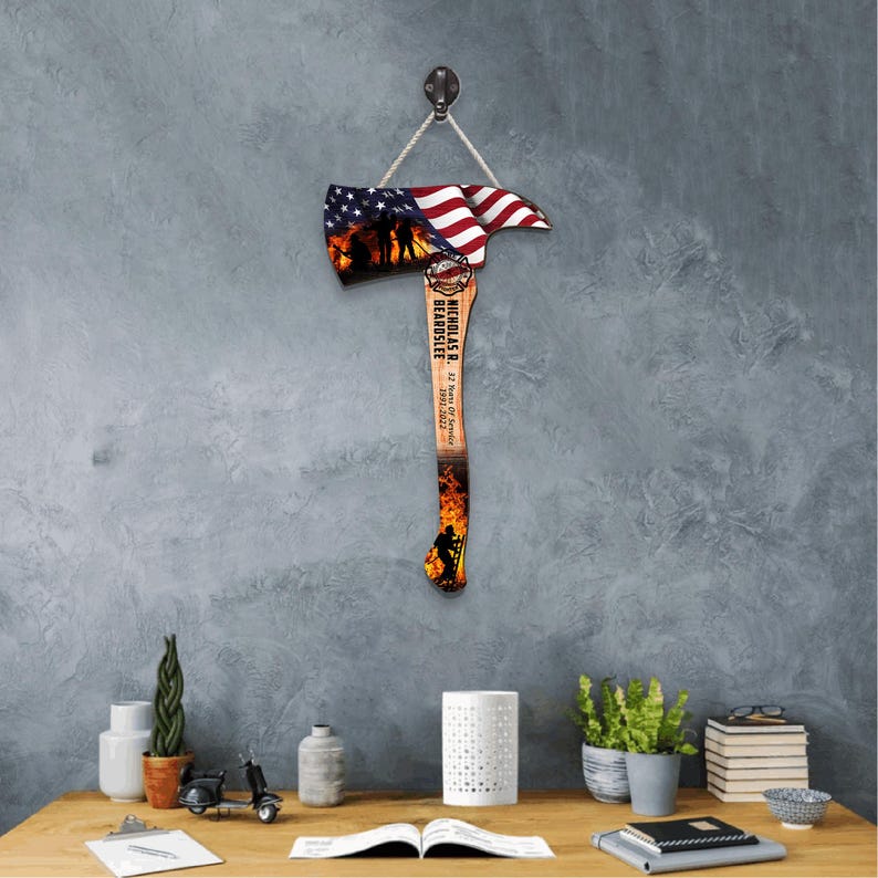 Custom Firefighter Axe Wooden Sign, Multiple Sizes, Fire Department Firemen Hanging Decor, Gifts for Fire Fighter Colleagues Friends Family