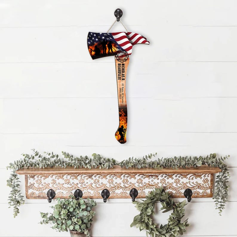 Custom Firefighter Axe Wooden Sign, Multiple Sizes, Fire Department Firemen Hanging Decor, Gifts for Fire Fighter Colleagues Friends Family