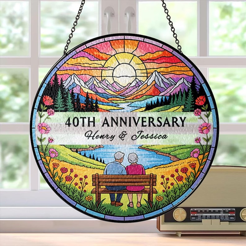 Personalized Couple Anniversary Stained Glass Suncatcher, Golden Anniversary Suncatcher, Anniversary Gift For Parents, Parents Keepsake