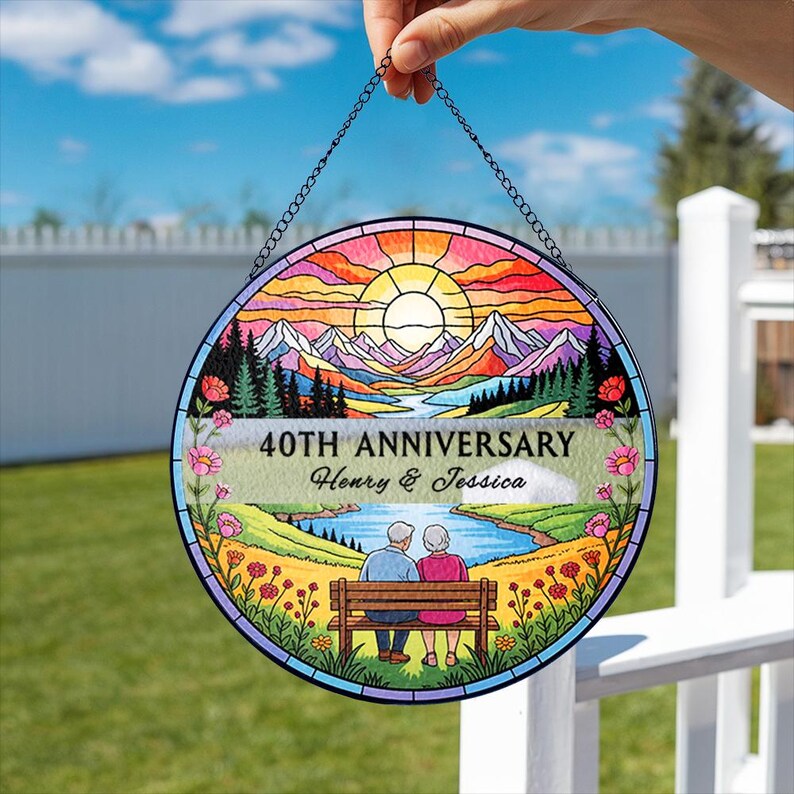 Personalized Couple Anniversary Stained Glass Suncatcher, Golden Anniversary Suncatcher, Anniversary Gift For Parents, Parents Keepsake