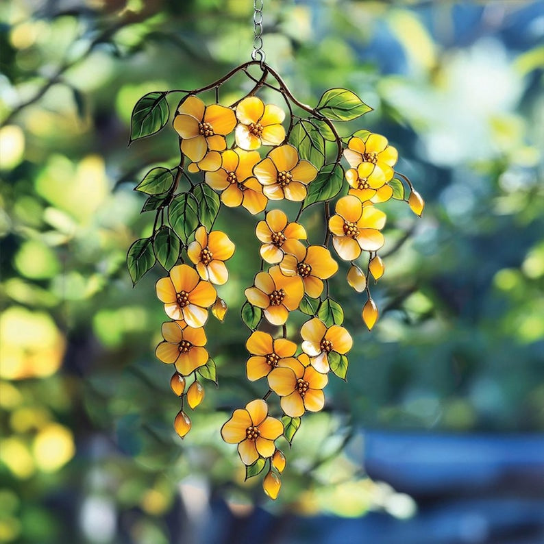 Cascading Yellow Flower Acrylic Suncatcher Faux Stained Glass Window Hanging with Green Leaves, Sunny Garden Decor for Floral Lovers