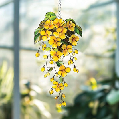 Cascading Yellow Flower Acrylic Suncatcher Faux Acrylic Window Hanging with Green Leaves, Sunny Garden Decor for Floral Lovers