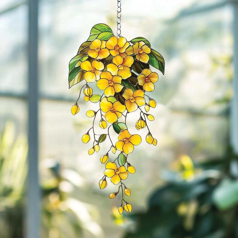 Cascading Yellow Flower Acrylic Suncatcher Faux Stained Glass Window Hanging with Green Leaves, Sunny Garden Decor for Floral Lovers