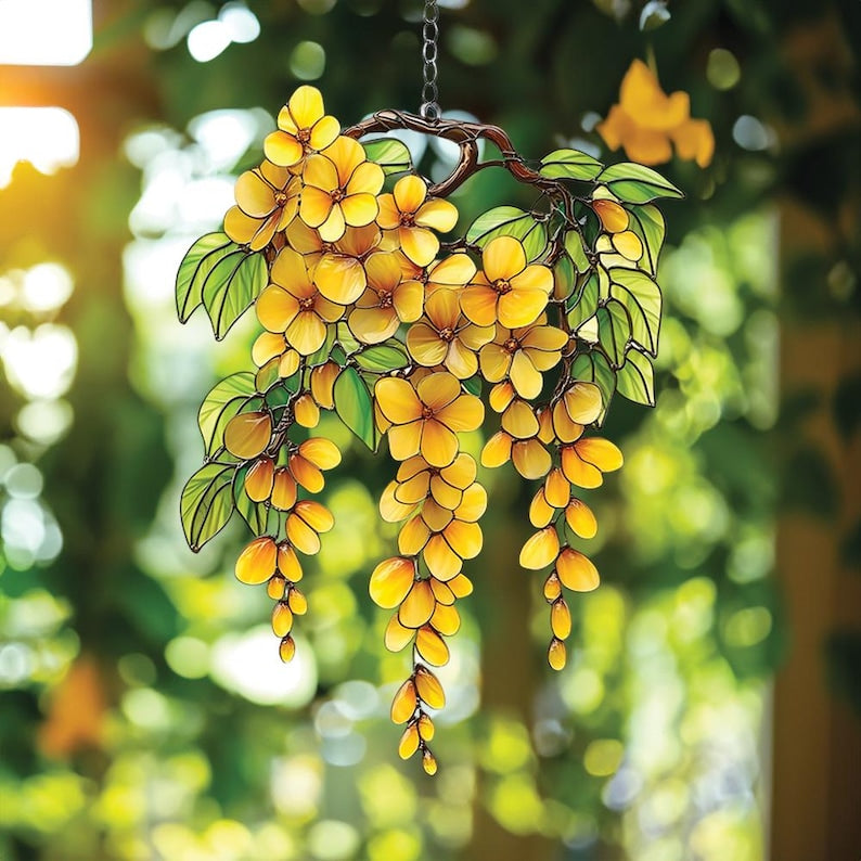 Cascading Yellow Flower Acrylic Suncatcher Faux Stained Glass Window Hanging with Green Leaves, Sunny Garden Decor for Floral Lovers