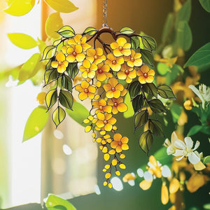 Cascading Yellow Flower Acrylic Suncatcher Faux Stained Glass Window Hanging with Green Leaves, Sunny Garden Decor for Floral Lovers