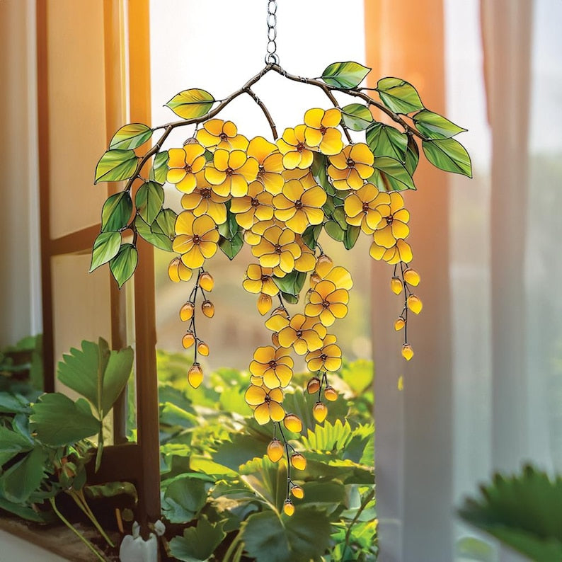 Cascading Yellow Flower Acrylic Suncatcher Faux Stained Glass Window Hanging with Green Leaves, Sunny Garden Decor for Floral Lovers