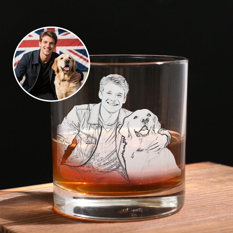 Personalized Photo on Whiskey Glass, Custom Pet Portrait Engraved on Whiskey Glass, Engrave Your Handwritten Gift Message with Dog Cat Photo on Glass