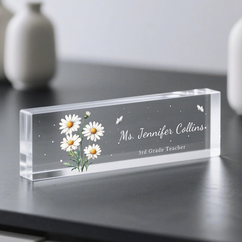Personalized Acrylic Desk Name Plate with Flowers Custom Office Name Sign Clear Desk Plaque for Teacher, Doctor, or Office Decor