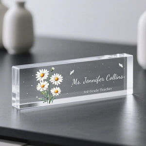 Personalized Acrylic Desk Name Plate with Flowers Custom Office Name Sign Clear Desk Plaque for Teacher, Doctor, or Office Decor