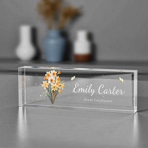 Personalized Acrylic Desk Name Plate with Flowers Custom Office Name Sign Clear Desk Plaque for Teacher, Doctor, or Office Decor