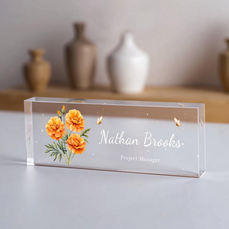 Personalized Acrylic Desk Name Plate with Flowers Custom Office Name Sign Clear Desk Plaque for Teacher, Doctor, or Office Decor
