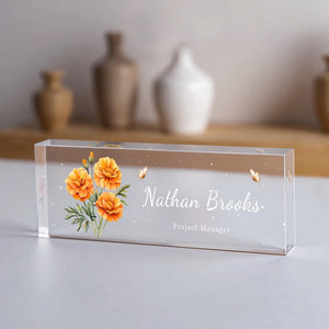 Personalized Acrylic Desk Name Plate with Flowers Custom Office Name Sign Clear Desk Plaque for Teacher, Doctor, or Office Decor